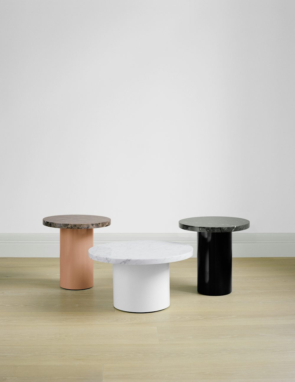 e15 enoki tables in beige red black and white