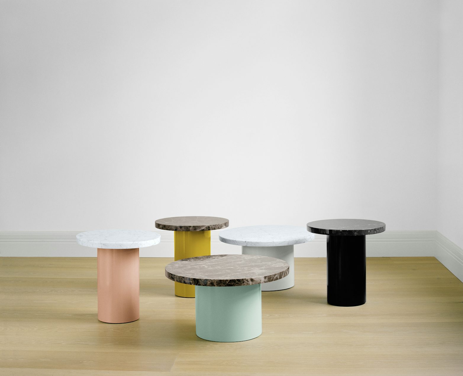 e15 enoki side tables with marble tabletops