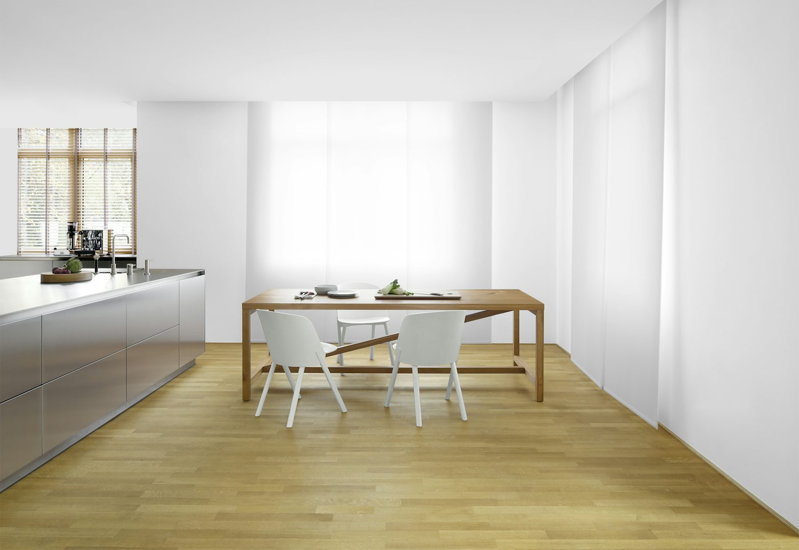 e15 platz table in oiled oak with this side chairs in white