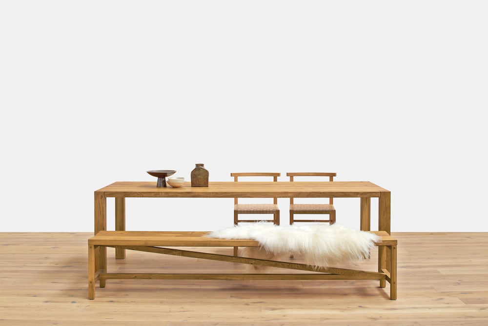 e15 sitz bench with iceland sheepskin and holborn table
