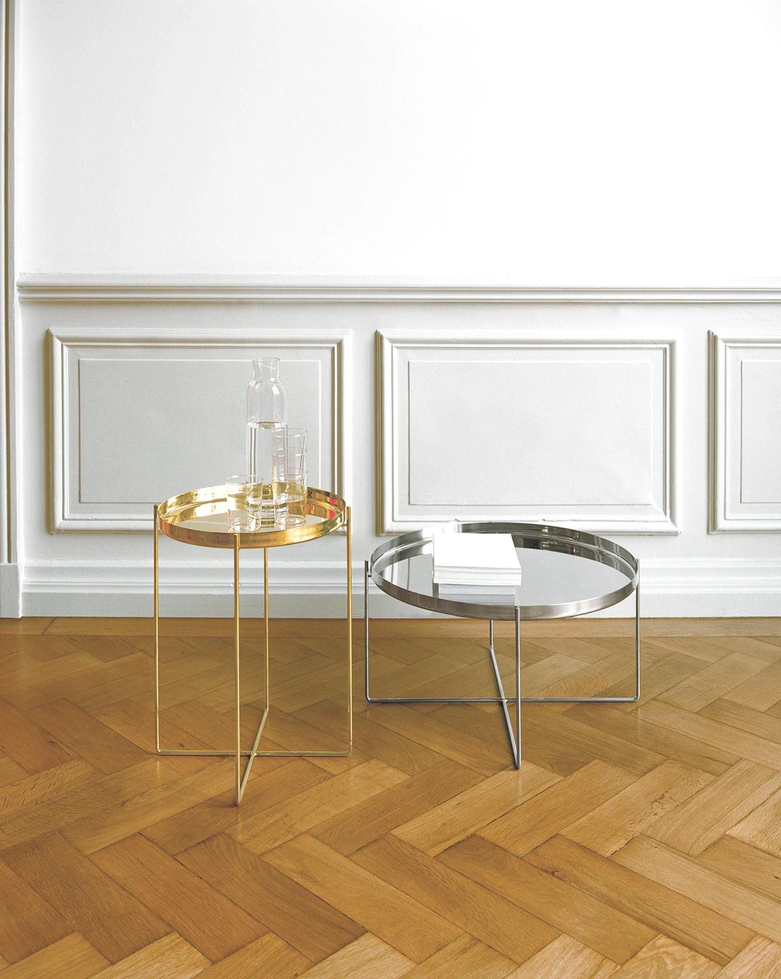 e15 habibi side table in stainless steel and brass