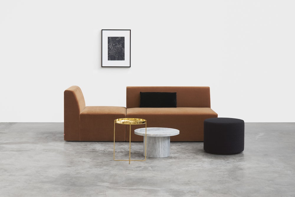 e15 kerman sofa with habibi side table and enoki table