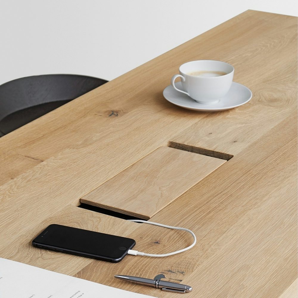 e15 ponte high table in white waxed oak tabletop with wire management close up