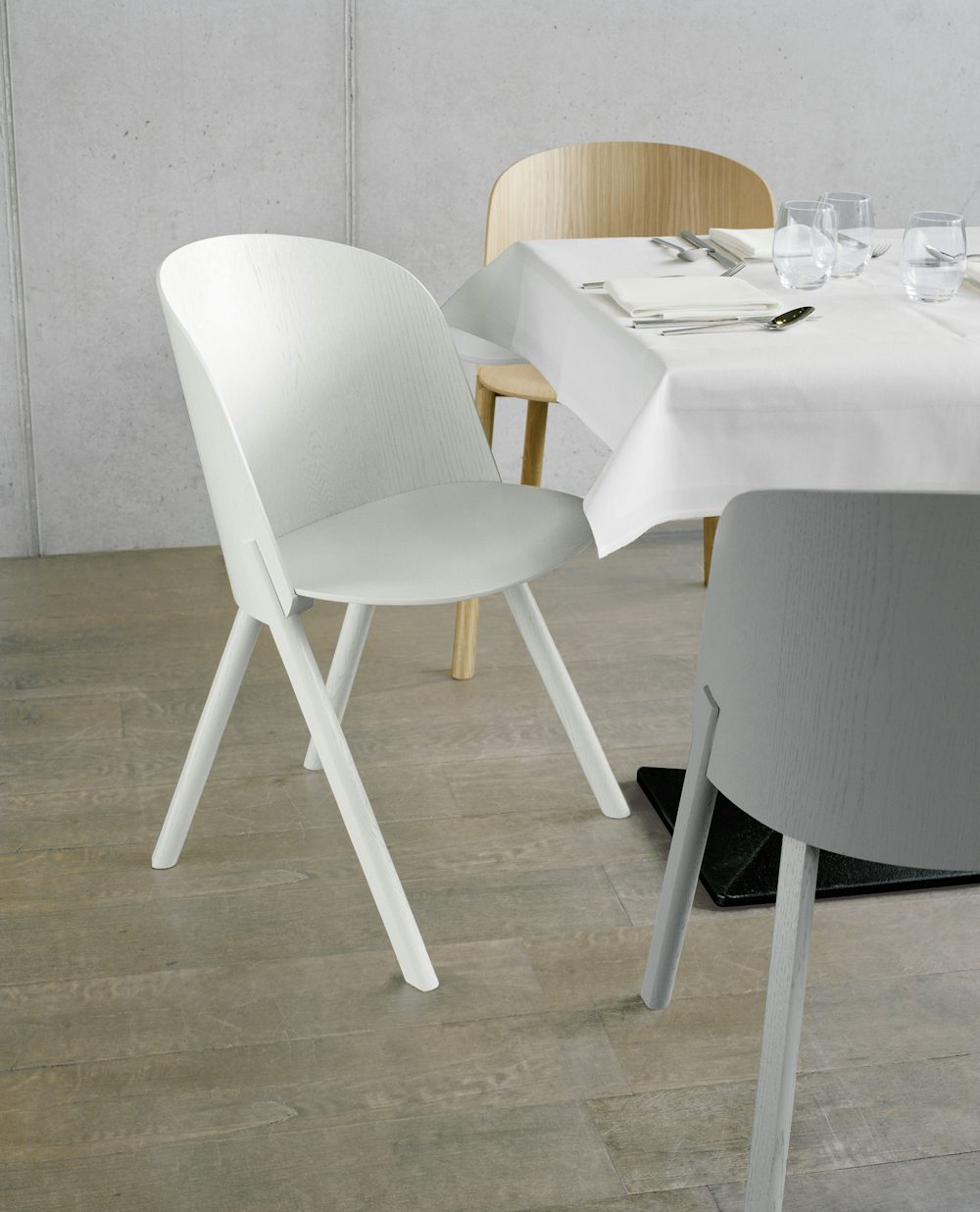 e15 this side chair in signal white and oak veneer and traffic grey